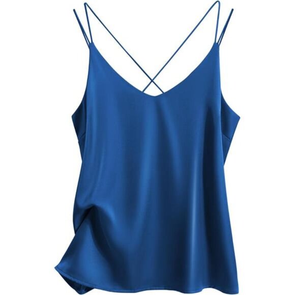 Womens Satin Camisole Tank Tops V Neck Blue - Picture 4 of 6